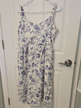 Linen Cynthia Rowley White Midi Dress with Blue Floral Pattern